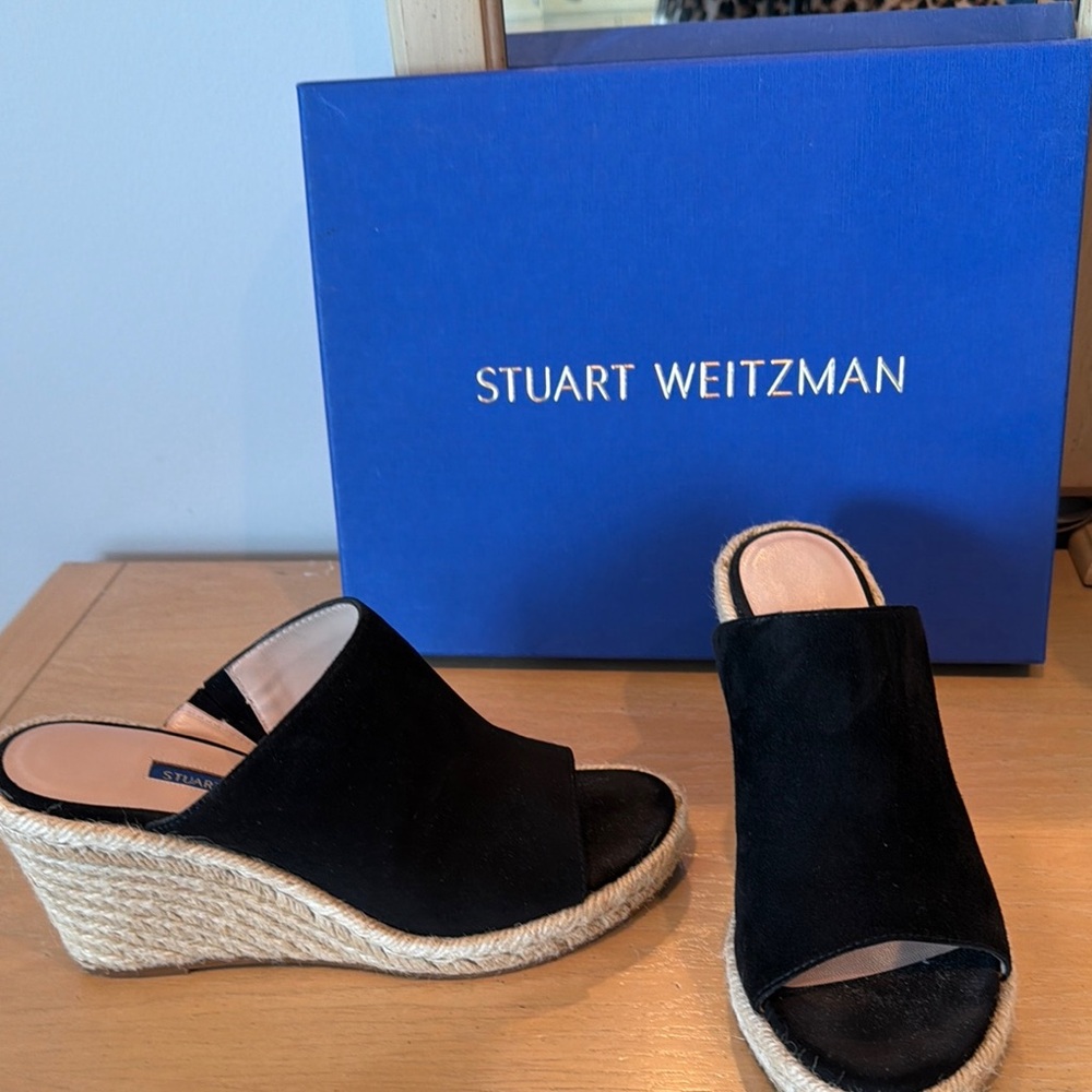 Stuart Weitzman Black Suede Espadrille Wedge Mules